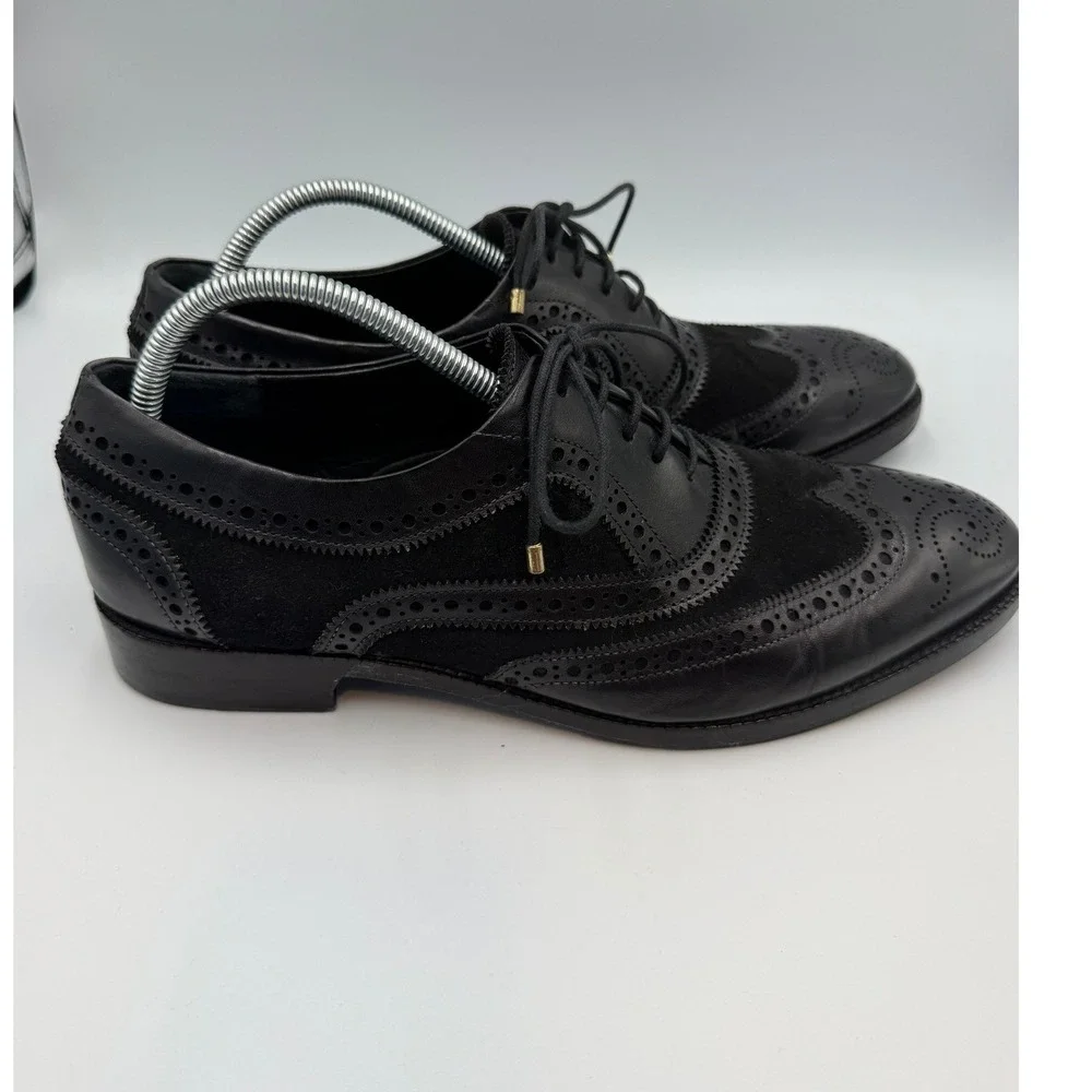 Lethato Men's Black Leather Suede Wingtip Brogue Oxford Dress Shoes Sz 9.5/10